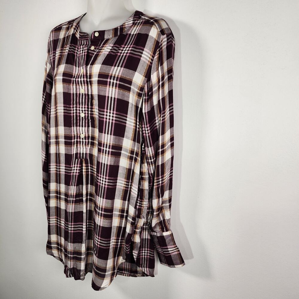 LOFT Womens Plaid Henley Popover Blouse Tunic Plum Purple Small Shimmer Relaxed - Picture 5 of 10